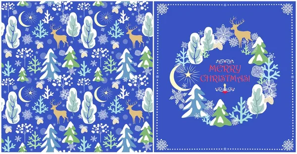 圣诞设计 采用老式的问候工艺花圈和无缝壁纸 雪树和针叶树 新月形 星片和纸在蓝色背景上切割雪花 — 图库矢量图片