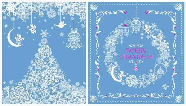 Noel Pasteli Mavi Kartlar Seti Xmas Ağacı Kağıt Parçalarıyla Asılı — Stok Vektör