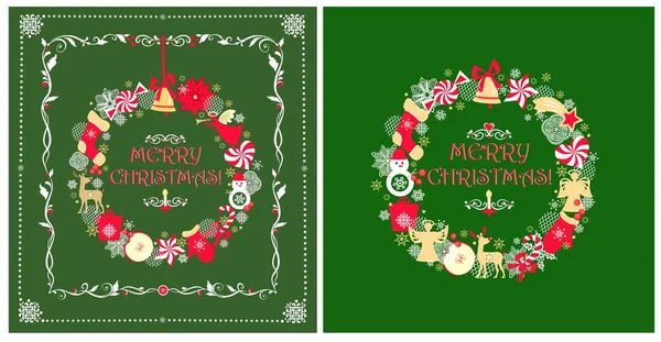 Infantil Hecha Mano Rojo Verde Saludos Variación Con Papel Navidad — Vector de stock