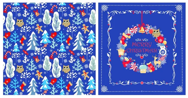 雪の火 フクロウ ジングルベル ジンジャーブレッド 雪だるま ミトン キャンディー 雪のフレークを青色の背景にラッピングやクリスマスリースのための子供のシームレスなクリスマス冬のパターン — ストックベクタ