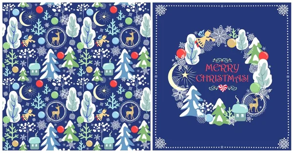 Kindhaftes Weihnachtsgruß Design Mit Nahtloser Tapete Und Adventskranz Mit Engel — Stockvektor