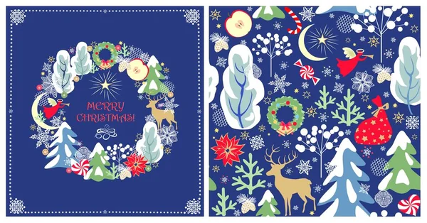 Tarjeta Azul Artesanal Felicitación Navidad Con Corona Navidad Papel Pintado — Archivo Imágenes Vectoriales