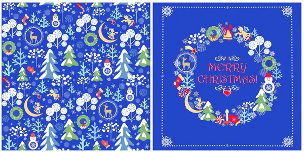 圣诞设计 用幼稚有趣的无缝壁纸和贺卡 圣诞剪纸花圈 雪地的冷杉和树 小天使和雪人 新月形驯鹿 — 图库矢量图片