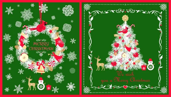 Tarjetas Verdes Artesanales Felicitación Navidad Con Corte Papel Conífera Hecha — Vector de stock