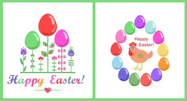 Paskalya Çocuksu Tebrik Kartları Renkli Cam Yumurtalar Soyut Çiçekler Yamalı — Stok Vektör