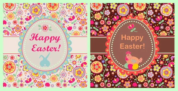 带有兔子 蛋和五彩缤纷的抽象花朵图案的有趣的孩子气复活节贺卡 — 图库矢量图片
