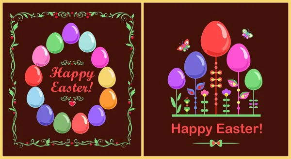 Divertidas Tarjetas Felicitación Infantiles Pascua Con Coloridos Huevos Vidrio Pintados — Vector de stock