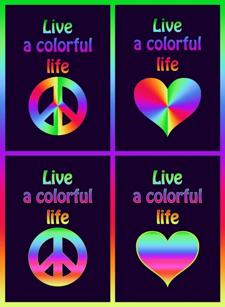 Gömlek Renkli Hippi Barış Sembolü Spektrumlu Kalp Şekli Siyah Arka — Stok Vektör