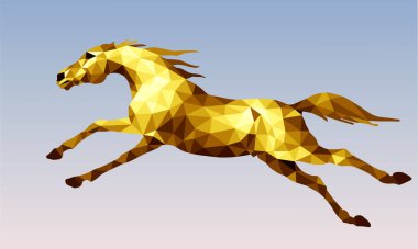 Sabah gökyüzüne karşı dörtnala koşan altın at, düşük polen tarzında izole bir görüntü.