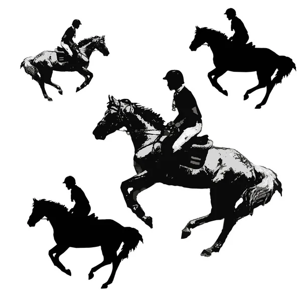Silhueta Preta Realista Isolada Cavaleiro Galopante Cavalo Fundo Branco — Fotografia de Stock