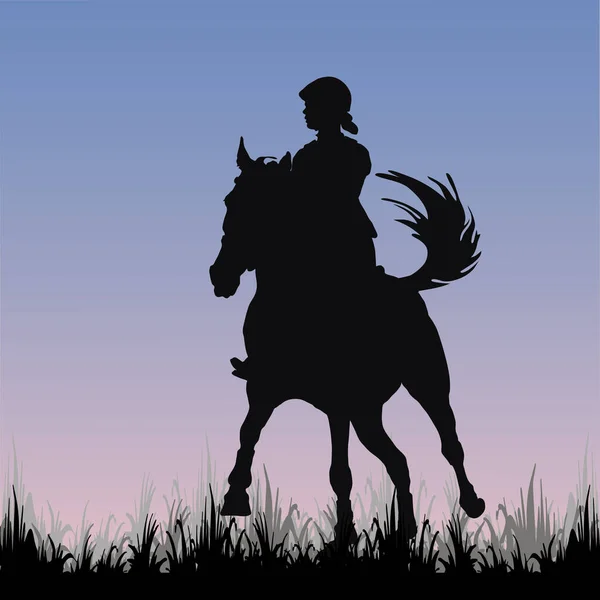 体育姑娘骑着马在田里 在草地上 孤零零的形象 蓝色背景上的黑色轮廓 映衬着清晨的天空 — 图库照片