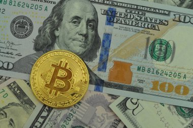 Bitcoin altın madeni parası. Yakın plan dolar..