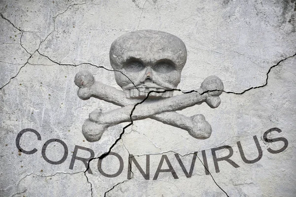 Banner on an old cracked wall with a skull and crossbones, the inscription coronavirus. — Stock Photo, Image