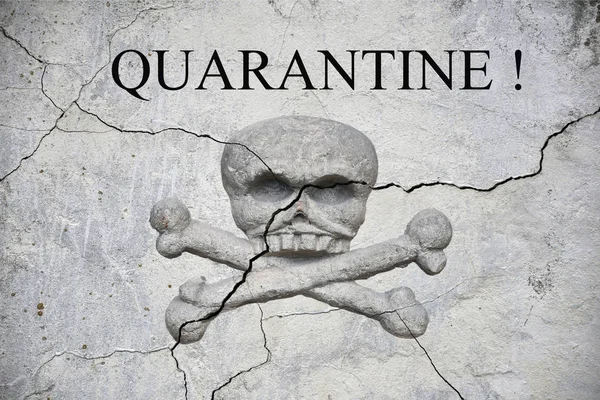 Słowo kwarantanna na starym pękniętym murze z obrazem czaszki i kości. — Zdjęcie stockowe