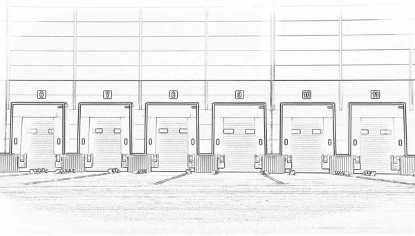 Большой распределительный склад с воротами для погрузки товаров. — стоковое фото