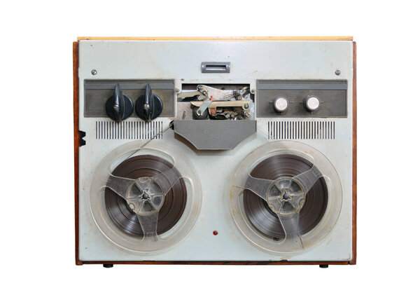 Old portable soviet stereo tape recorder. Isolated over white background.