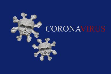 Coronavirus virüsünün soyut modeli 2019-nCoV. Virüs salgınından kaynaklanan ölüm kavramı. Kafatası ve çapraz kemikler.