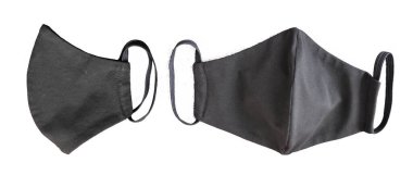 Ön ve yan projeksiyonlardaki solunum organlarını korumak için elastik bantlı siyah kumaştan yapılmış yeniden kullanılabilir solunum maskesi. Beyaz arka planda izole edin. Coronavirus Koruma, COVID-19.