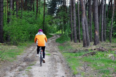Bisiklet orman yolları boyunca yürür. Koronovirüs, COVID-19 nedeniyle yabanda kendini izole etme kavramı.