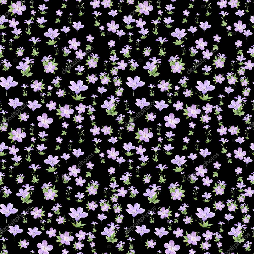 Seamless pattern of watercolor geranium flowers. Perfect for web design, cosmetics design, package, textile, wedding invitation, logo Geranium sylvaticum L
