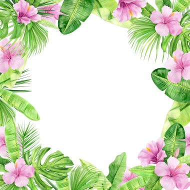 Yeşil palmiye yaprakları ve çiçek çerçevesi. Tropik bitki. Beyaz arka planda elle boyanmış suluboya resimleme. Gerçekçi botanik sanatı. Düğün davetiyeleri ve sosyal medya paylaşımları için