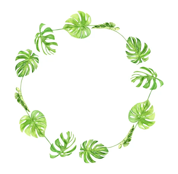 Πράσινα φύλλα φοίνικα και στεφάνι λουλουδιών. Τροπικό φυτό. Χειροποίητη ακουαρέλα που απομονώνεται σε λευκό φόντο. Ρεαλιστική βοτανική τέχνη. Για προσκλήσεις γάμου και δημοσιεύσεις σε μέσα κοινωνικής δικτύωσης — Φωτογραφία Αρχείου