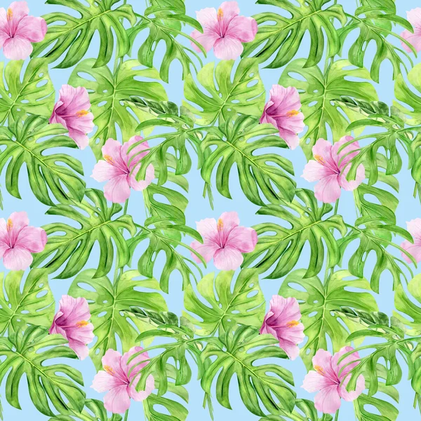 Aquarell Illustration nahtlose Muster von tropischen Blättern und Blumen-Hibiskus. Perfekt als Hintergrundtextur, Packpapier, Textil- oder Tapetendesign. Handgezeichnet — Stockfoto