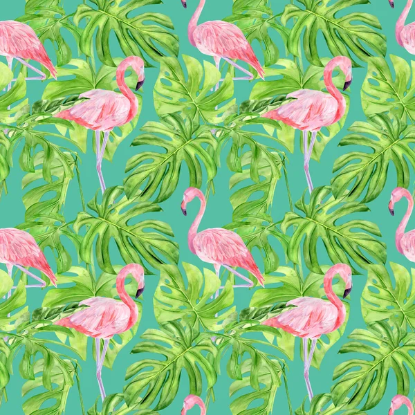 Watercolor illustration seamless pattern of tropical leaves and pink flamingo. Perfect as background texture, wrapping paper, textile or wallpaper design. Hand drawn — Stock Photo, Image