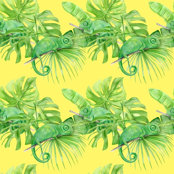Ilustração aquarela padrão sem costura de folhas tropicais e camaleão. Perfeito como textura de fundo, papel de embrulho, têxtil ou design de papel de parede. Desenhado à mão — Fotografia de Stock