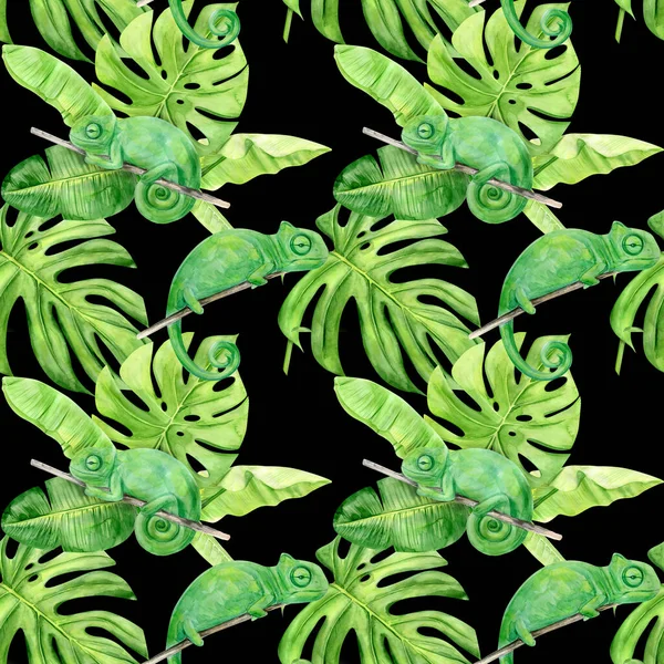 Akvarel ilustrace hladký vzor tropických listů a chameleon. Perfektní jako podkladová textura, balicí papír, textilní nebo tapetový design. Ruční kreslení — Stock fotografie