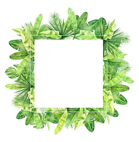 Feuilles de palmier vert et cadre de fleurs. Plante tropicale. Illustration aquarelle peinte à la main isolée sur fond blanc. Art botanique réaliste. Pour les invitations de mariage et les messages sur les médias sociaux — Photo