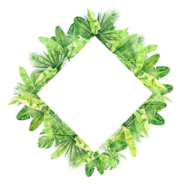 Feuilles de palmier vert et cadre de fleurs. Plante tropicale. Illustration aquarelle peinte à la main isolée sur fond blanc. Art botanique réaliste. Pour les invitations de mariage et les messages sur les médias sociaux — Photo