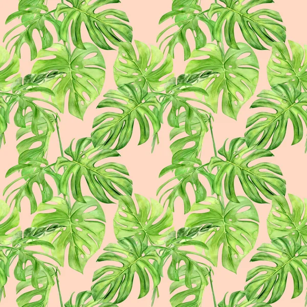 Akvarell illustration sömlös mönster av tropiska blad monstera. Perfekt som bakgrundskonsistens, omslagspapper, textil eller tapetdesign. Handritad — Stockfoto