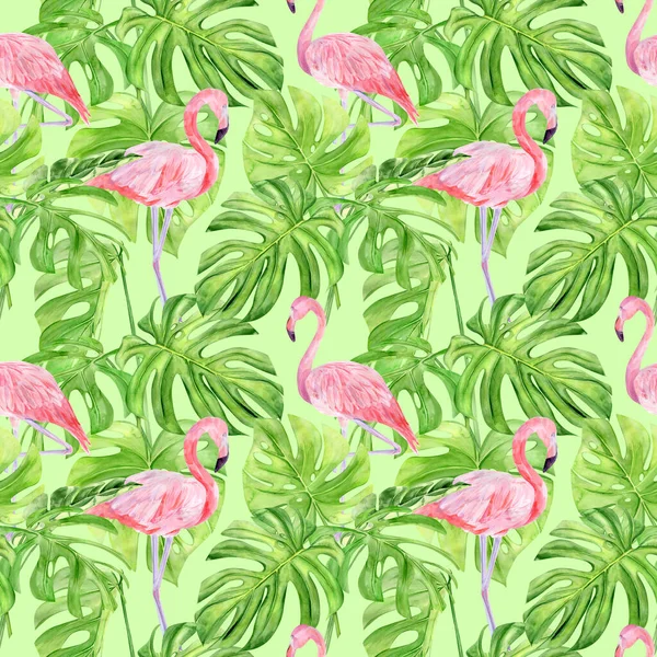 Ilustración de acuarela patrón sin costura de hojas tropicales y flamenco rosa. Perfecto como textura de fondo, papel de embalaje, textil o diseño de papel pintado. Dibujado a mano —  Fotos de Stock