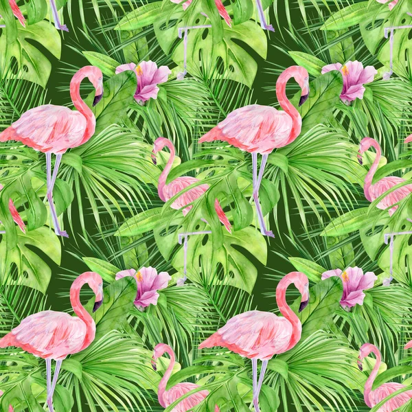 Illustrazione ad acquerello modello senza soluzione di continuità di foglie tropicali e fenicottero rosa. Perfetta come texture di sfondo, carta da regalo, design tessile o carta da parati. Disegnato a mano — Foto Stock