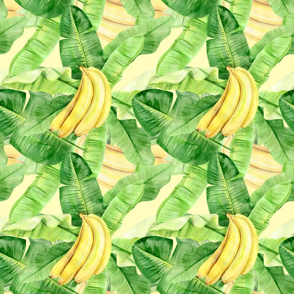 Watercolor illustration seamless pattern of tropical banana palm leaves and fruits. Perfect as background texture, wrapping paper, textile or wallpaper design. Hand drawn