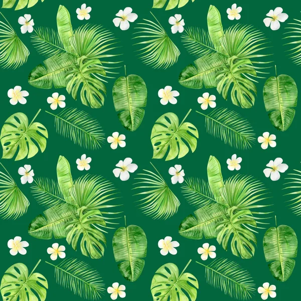 Watercolor illustration seamless pattern of tropical leaves and Plumeria flowers. Perfect as background texture, wrapping paper, textile or wallpaper design. Hand drawn — Stock Photo, Image