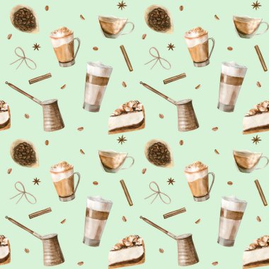 Kahve fincanı, kahve çekirdeği, kahve öğütücü, kapuçino, latte ve tatlı resimleriyle sulu boya desenleri.