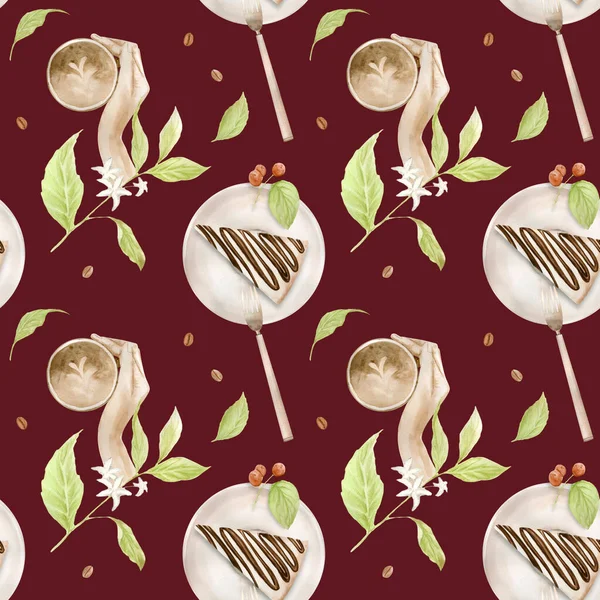 Aquarell nahtloses Muster mit Abbildungen von Kaffeetasse, Kaffeebohnen, Kaffeemühle, Cappuccino, Latte und Desserts — Stockfoto
