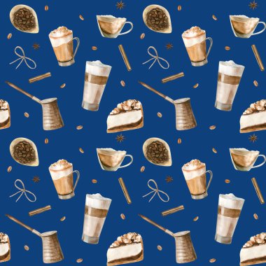 Kahve fincanı, kahve çekirdeği, kahve öğütücü, kapuçino, latte ve tatlı resimleriyle sulu boya desenleri.