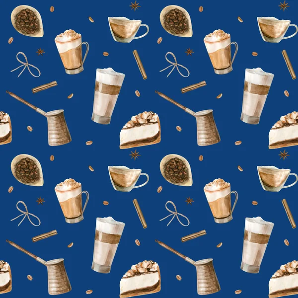Watercolor seamless pattern with illustrations of coffee cup, coffee beans, coffee grinder, cappuccino, latte and desserts