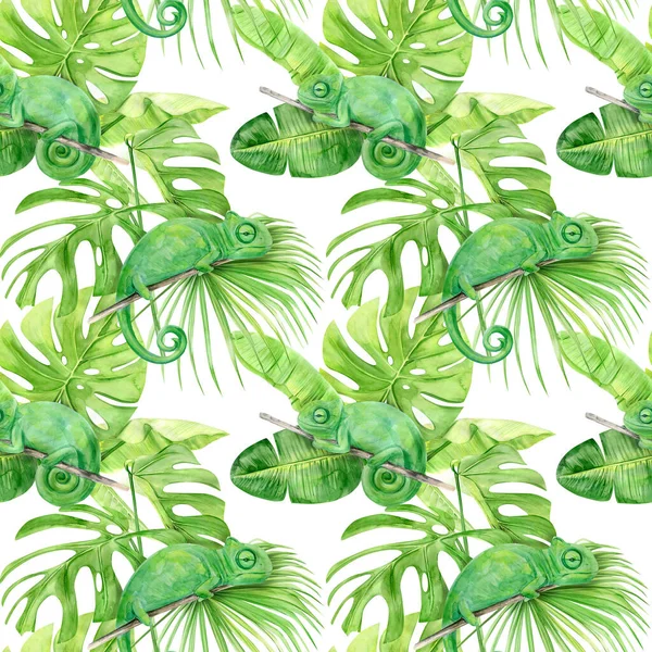 Ilustração aquarela padrão sem costura de folhas tropicais e camaleão. Perfeito como textura de fundo, papel de embrulho, têxtil ou design de papel de parede. Desenhado à mão — Fotografia de Stock