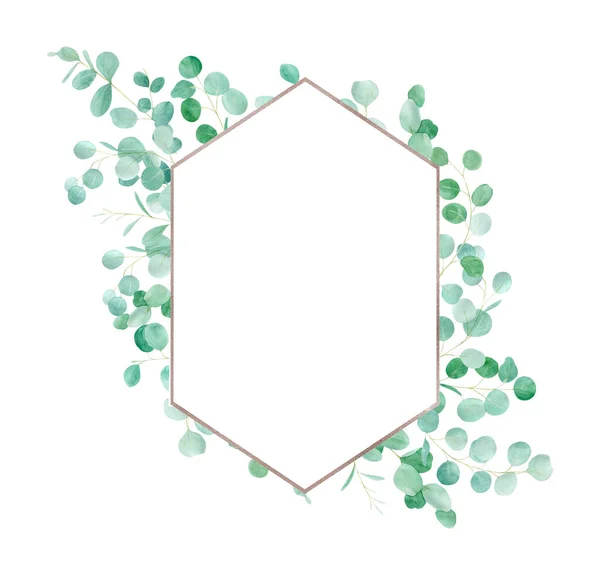 Okaliptüslü suluboya yeşil çiçek çerçevesi. Okaliptüs dallarıyla el boyaması desen. Düğün Tasarımı İçin Mükemmel — Stok fotoğraf