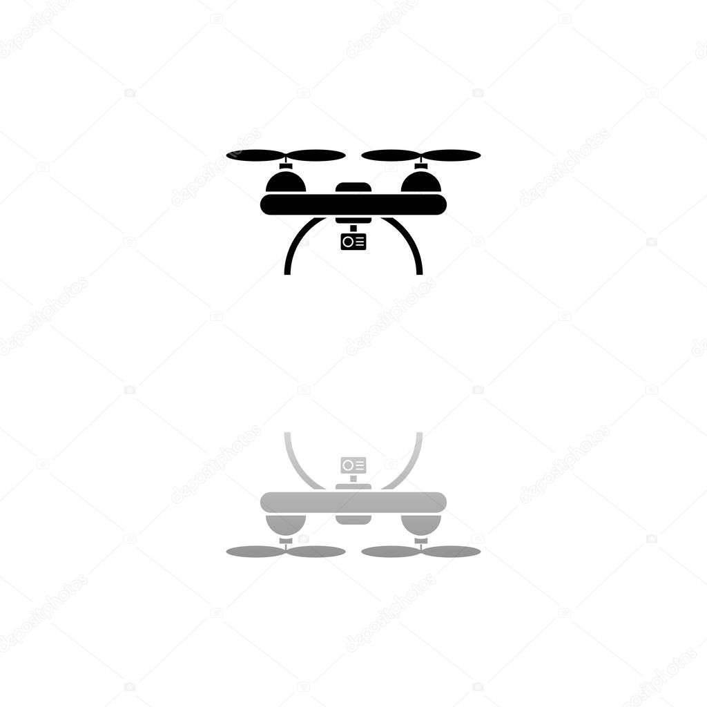 Drone quadrocopter. Black symbol on white background. Simple illustration. Flat Vector Icon. Mirror Reflection Shadow. Can be used in logo, web, mobile and UI UX project