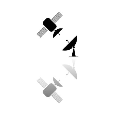 Uydu bağlantısı. Beyaz arka planda siyah bir sembol. Basit bir illüstrasyon. Düz Vektör Simgesi. Ayna yansıması Gölgesi. Logo, web, mobil ve UI UX projelerinde kullanılabilir