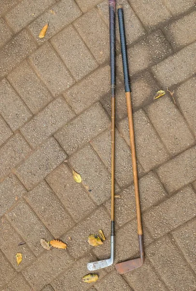 Two vintage golf clubs with hickory shafts isolated outdoors image with copy space