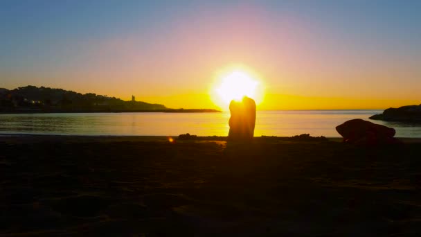 Silhouette of young woman sitting on the beach at sunrise — Stock Video