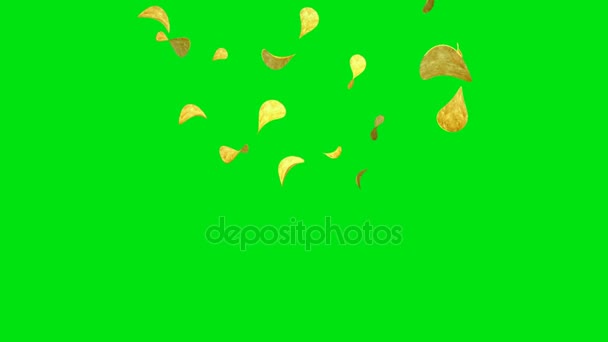 Potato chips falling on green screen — Stock Video