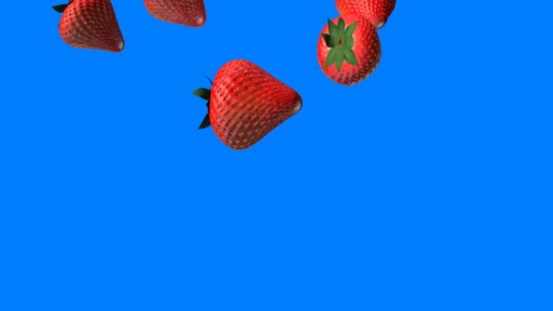 Fresas cayendo sobre pantalla azul — Vídeos de Stock