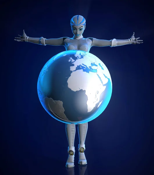 Cyborg kvinna med världen på nära håll med blå bakgrund — Stockfoto